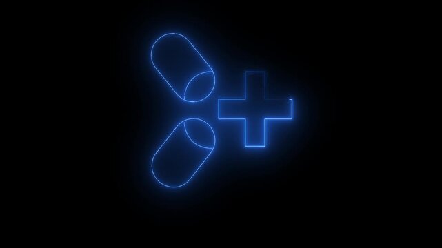Neon Blue Pills Medical drugs icon animated. pills icon Medicinal and pharmaceutical motion graphics. Medical research, science concept.
