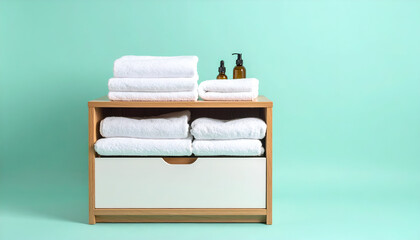 Fresh white bath towels neatly stacked on a wooden cabinet with minimal self-care accessories against a serene pastel mint background.