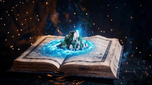 A magical storm revealing a floating island on an ancient map