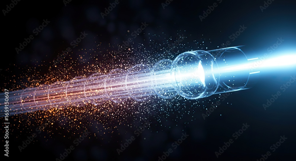 Poster dynamic digital data stream flowing through futuristic glowing tubes, representing high-speed connec