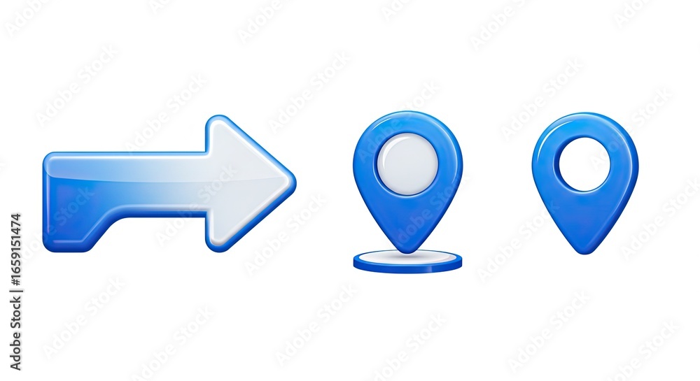 Poster dynamic blue arrow and glossy location pins symbolize progress, navigation, and finding your way for