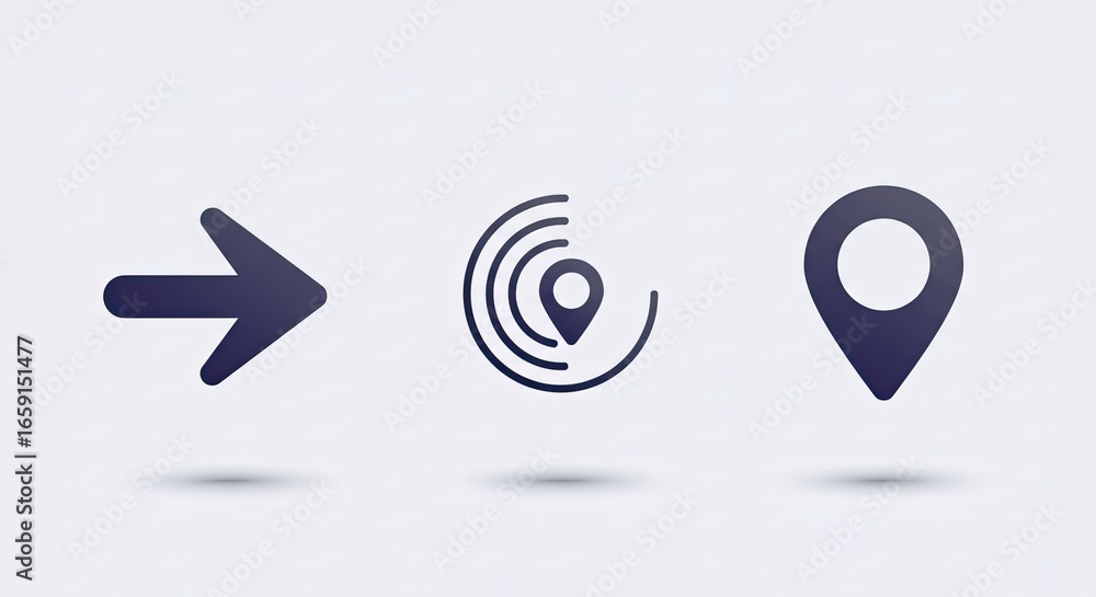 Poster dynamic navigation icons featuring a forward arrow, location signal, and map pin symbol, perfect for