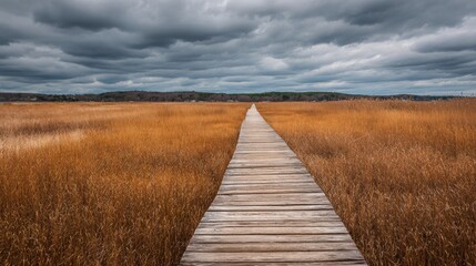 Obraz premium Path to the Horizon: A weathered wooden pathway leads towards a distant horizon under a dramatic, overcast sky, invoking feelings of adventure and determination. 