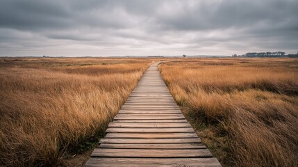 Pathway to the Horizon: A weathered wooden pathway beckons towards a vast expanse of golden fields under a dramatic, overcast sky. The scene evokes a sense of journey and solitude.