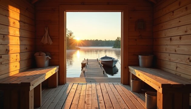 Traditional wooden sauna hut offers serene lakeside views with small boat docked at wooden pier. Warm sunlight streams in, creating peaceful atmosphere. Idyllic Finnish countryside scene evokes