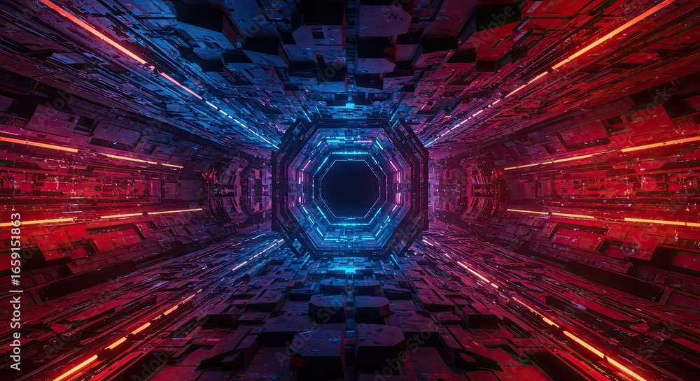 Poster journey through a mesmerizing neon-lit futuristic sci-fi tunnel with glowing red and blue lights cre