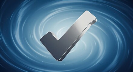 Shiny metallic checkmark symbol signifies success and approval against a dynamic swirling blue abstract background, perfect for business achievements and positive outcomes.