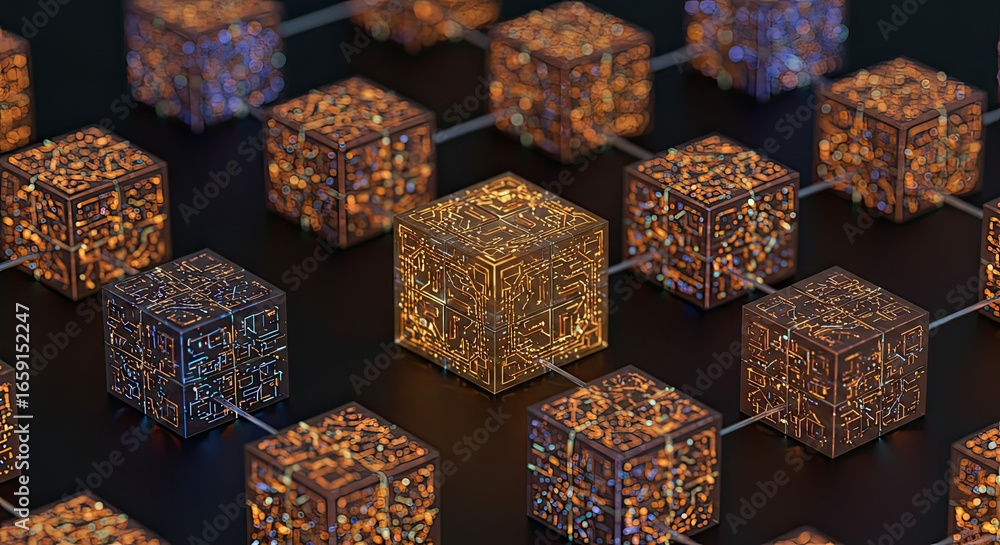 Poster dynamic interconnected digital cubes glow with vibrant circuitry and data streams, representing futu