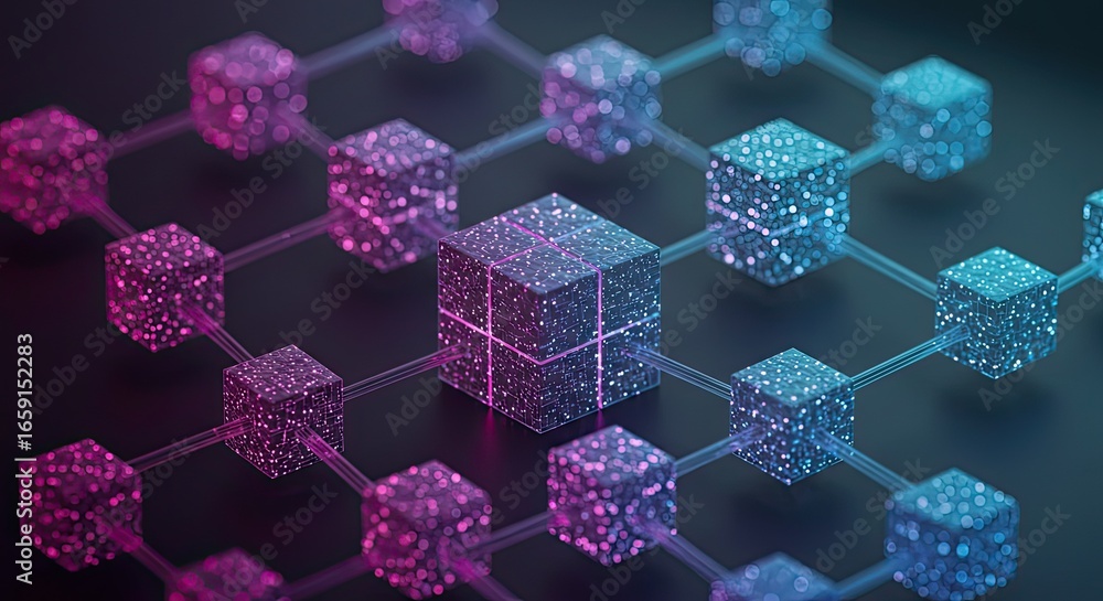 Poster dynamic digital network of glowing cubes interconnected by futuristic lines, symbolizing data flow a