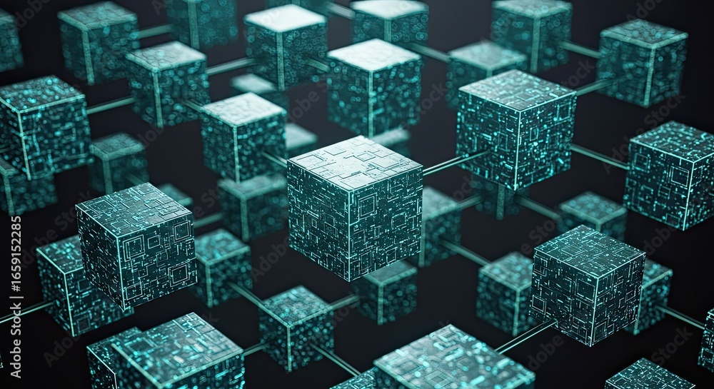 Poster dynamic interconnected digital cubes glowing with futuristic technology and data flow, representing 