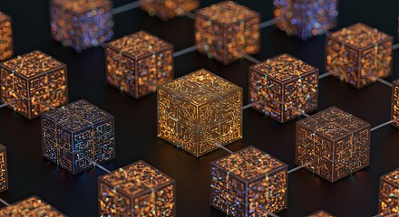 Dynamic interconnected digital cubes glow with vibrant circuitry and data streams, representing futuristic technology and global network connections
