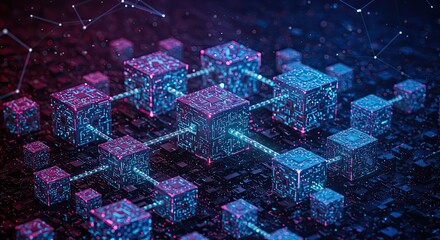 Stunning digital network of interconnected glowing cubes with intricate circuitry and vibrant neon blue and pink lights, representing futuristic technology and data flow