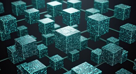 Dynamic interconnected digital cubes glowing with futuristic technology and data flow, representing innovation and global network connections