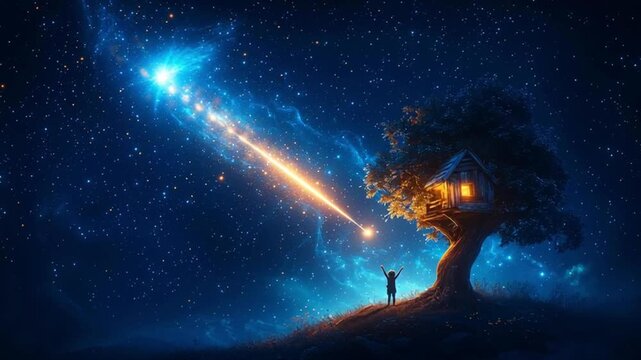 A child pointing at a meteor from a treehouse