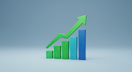 Dynamic upward trending green arrow soaring over colorful bars signaling robust business growth and financial success in a modern abstract setting