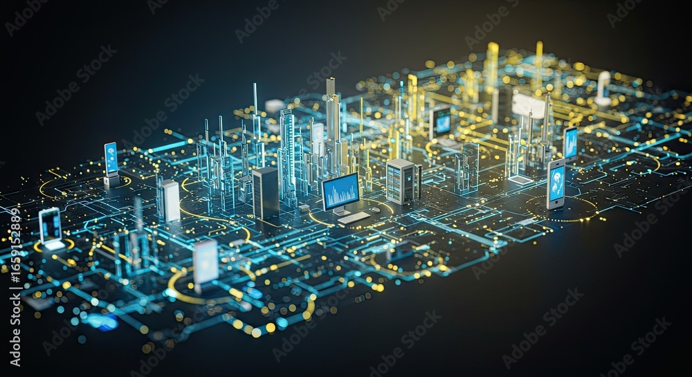 Poster dynamic digital cityscape visualization showcasing interconnected technology and data flow in a futu
