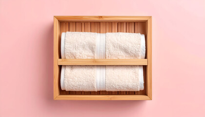 A top-down flat lay of a bamboo face towel holder with two rolled towels on a soft coral background, embodying spa and wellness concepts.
