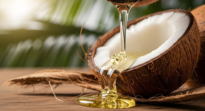 Fresh Coconut Oil Pouring From A Halved Coconut Shell With Natural Green Background, Healthy Organic Cooking Ingredient, Tropical Flavor