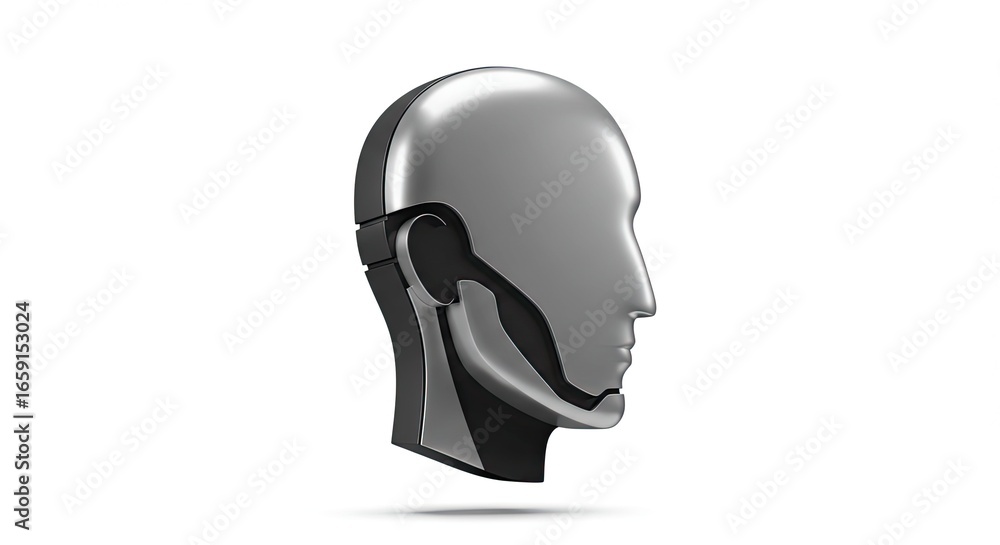 Poster sleek, modern metallic robot head profile with intricate layered design symbolizing ai, innovation, 