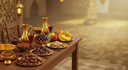 Fototapeta premium Traditional Food Spread with Dates, Fruits, and Drinks