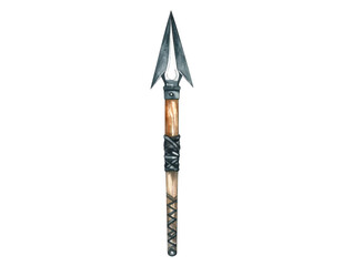 Handpainted watercolor of a primitive spear with a sharp metal arrowhead and wrapped wooden shaft.