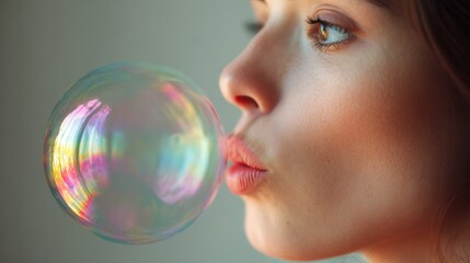Ephemeral Moment: A young woman, illuminated by natural light, is delicately blowing a soap bubble, her face a portrait of concentration and dreamy wonder, the iridescent sphere hovering in the air.