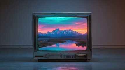 Vintage TV and Serene Landscape: A captivating vintage television displays a breathtaking sunset scene, showcasing majestic mountains, a tranquil river, and the vibrant hues of the sky