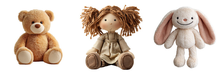 Three plush stuffed toys a brown teddy bear a rag doll and a white bunny isolated on a transparent background