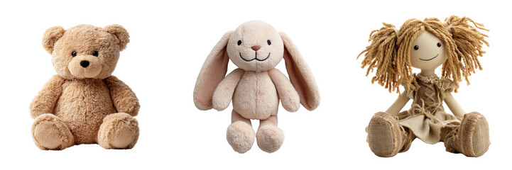 Three plush stuffed toys a teddy bear a bunny and a rag doll isolated on a transparent background image