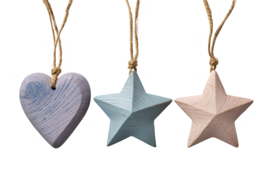 Three wooden hanging ornaments heart and stars in pastel colors isolated on a transparent background