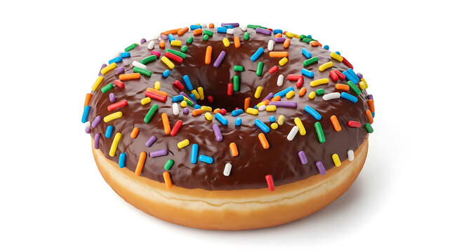 Delicious chocolate frosted donut with colorful sprinkles on white background