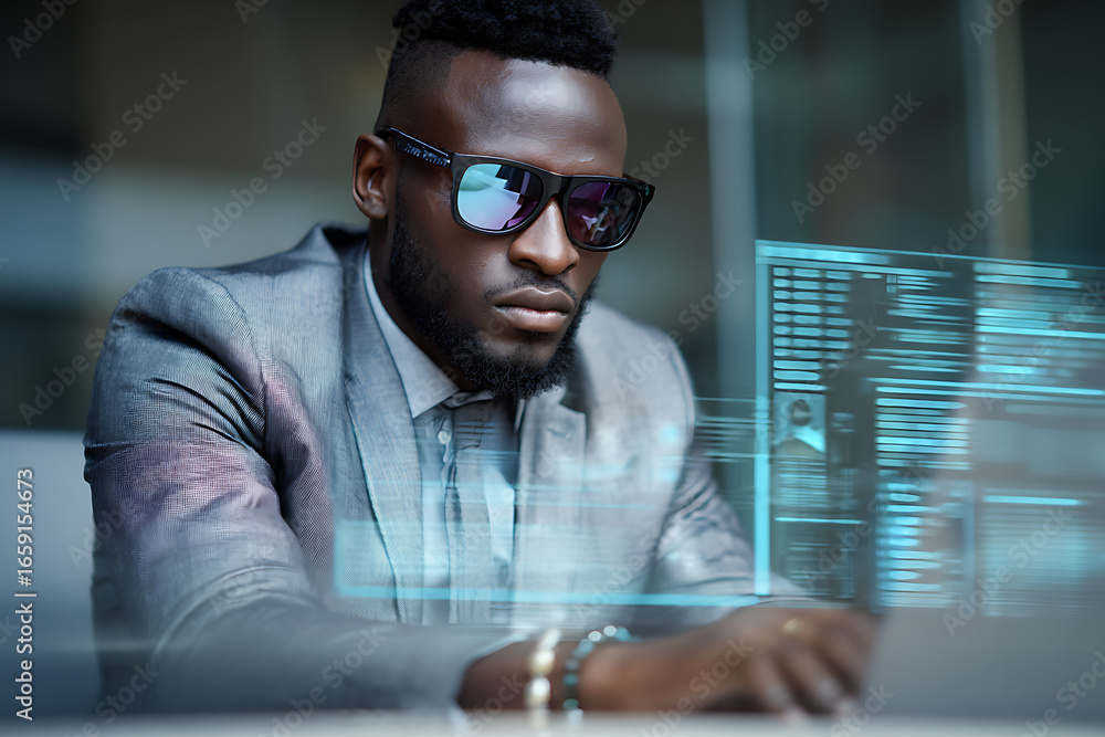 Poster businessman working with futuristic transparent computer screen displaying data