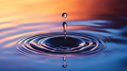 Close up shot of a water drop falling into a pool of water creating ripples and reflections