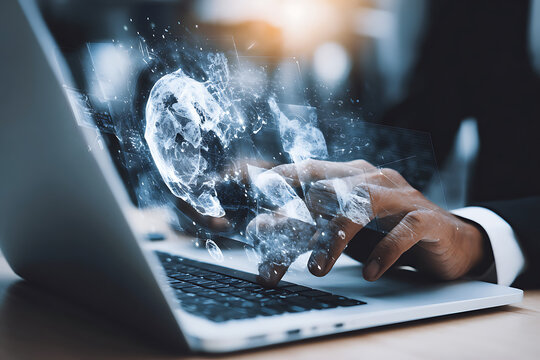 Businessman working on laptop with hologram of earth and data