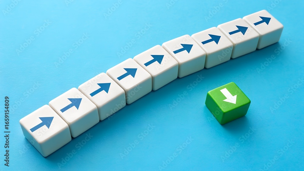 Poster green cube with downward arrow diverging from row of white cubes with right arrows – nonconformity, 
