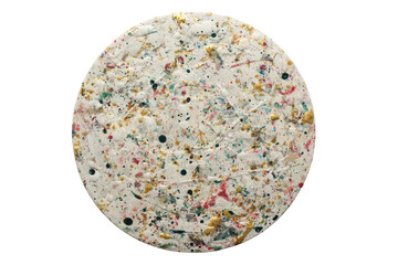 Circular abstract painting.  A textured,  round canvas,  pale cream/white base with  streaks, dots, and splotches of gold, pink, and dark colors