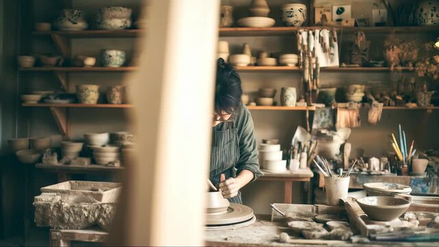 Crafting pottery with precision in a cozy studio during daylight hours