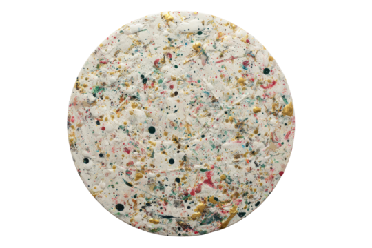 Circular abstract painting.  A textured,  round canvas,  pale cream/white base with  streaks, dots, and splotches of gold, pink, and dark colors
