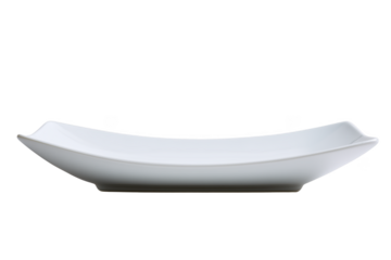 White ceramic rectangular serving dish with curved edges isolated on a transparent background image
