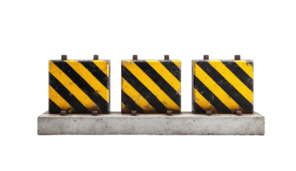 Three yellow and black warning blocks on a concrete base