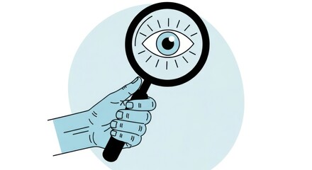A stylized illustration shows a hand holding a magnifying glass that magnifies a single watchful eye