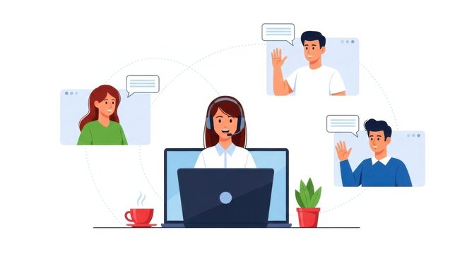 A diverse team of professionals engages in a virtual meeting connecting through video calls on their laptops with a central operator facilitating the discussion