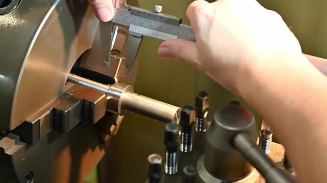 Slow motion scene the machine operator measuring dimension of metal shaft parts by vernier caliper.