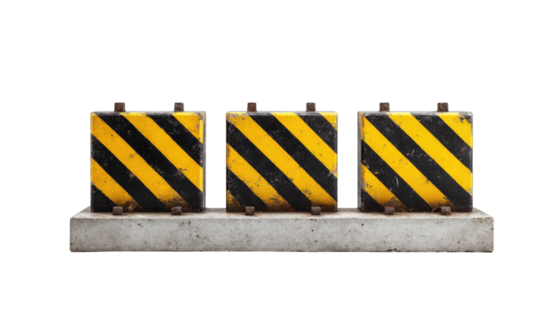 Three yellow and black warning blocks on a concrete base