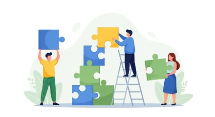 Three people are working together to assemble a large puzzle symbolizing teamwork and problemsolving in a business context