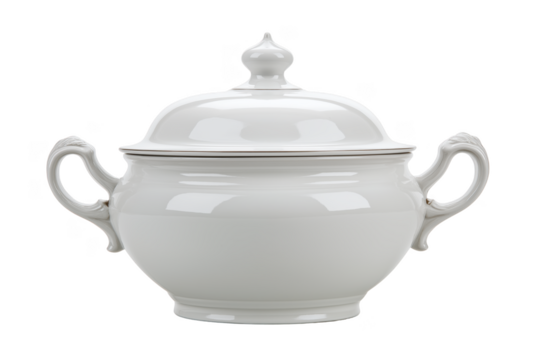 White porcelain tureen with ornate handles and silver trim isolated on a transparent background soup