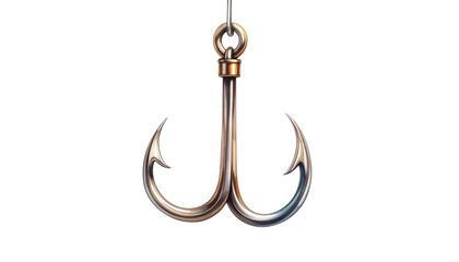Hanging bronze and silver treble fishing hook with three sharp reflective barbs.