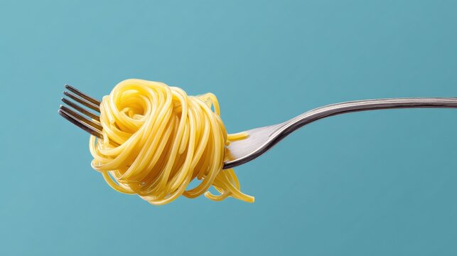 Spaghetti on Fork: A close-up studio shot of freshly cooked spaghetti perfectly twirled on a metal fork, a delightful visual of culinary artistry. - Powered by Adobe