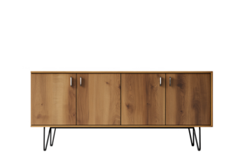 Wooden sideboard with four doors and black metal hairpin legs isolated on a transparent background cabinet