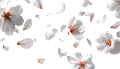 Delicate cherry blossom petals in motion against a black background.  Soft, light-pink petals are separated and appear to be floating or falling in a swirling, dynamic pattern